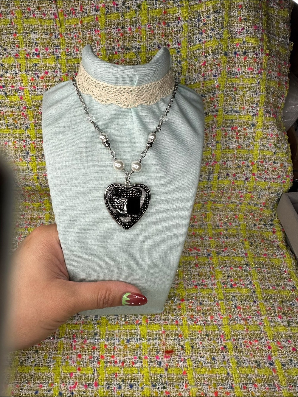 A great Silver Heart Pendant Necklace with Pearl Accents - Black and Silver